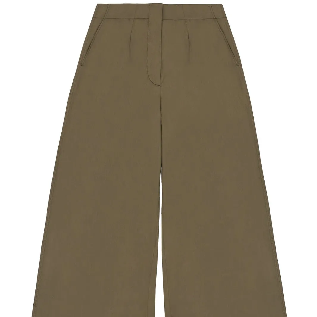 Amelia Wide Leg Culotte Trouser in Khaki Deadstock Cotton by Saywood