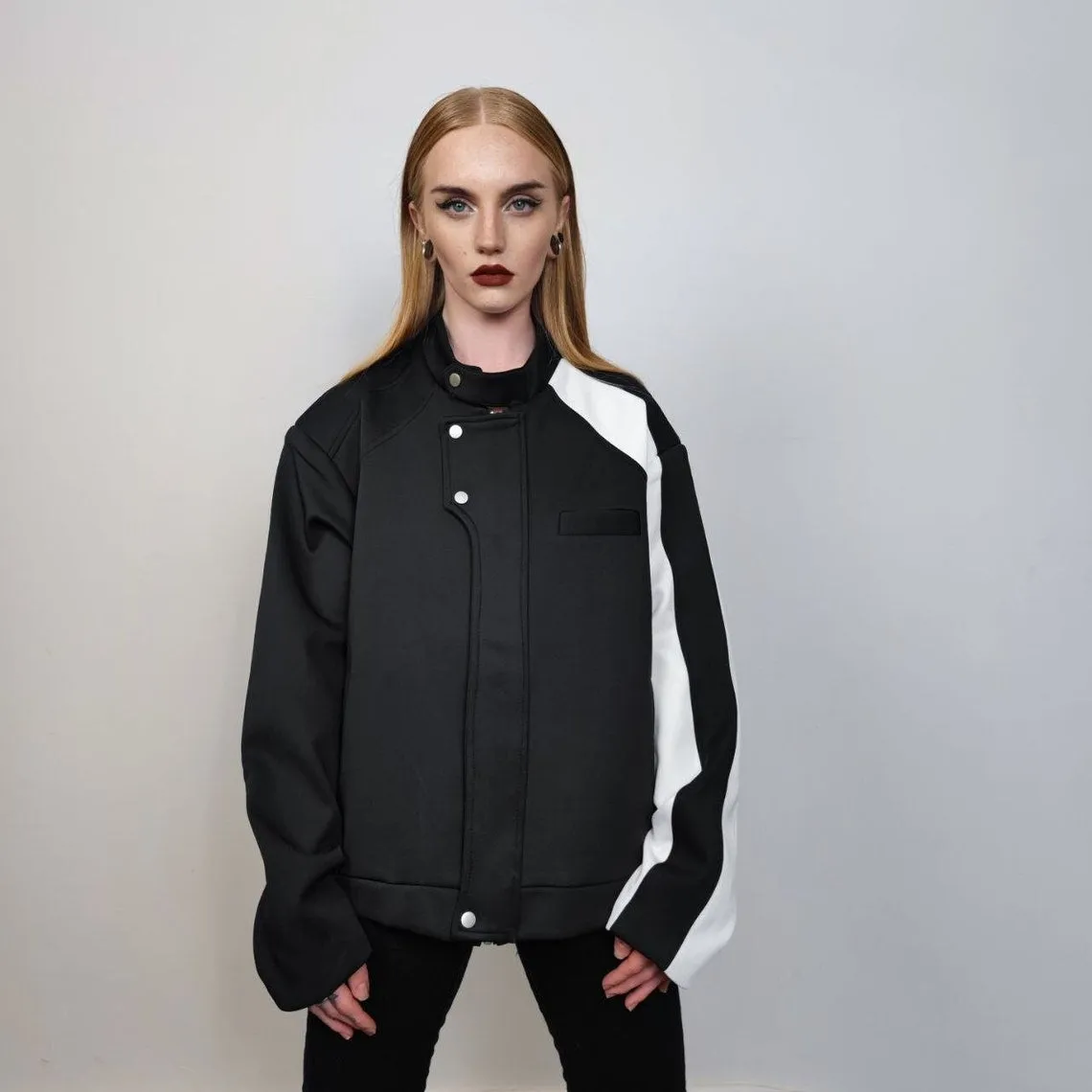 Asymmetric varsity utility bomber different colour sleeves racing jacket gorpcore coat grunge going out jacket 90s punk jacket in black