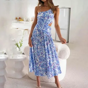 Bandage Backless Long Women Fashion Floral Print Asymmetrical Summer Lady V-neck Pleated Beach Floral Sexy Dress