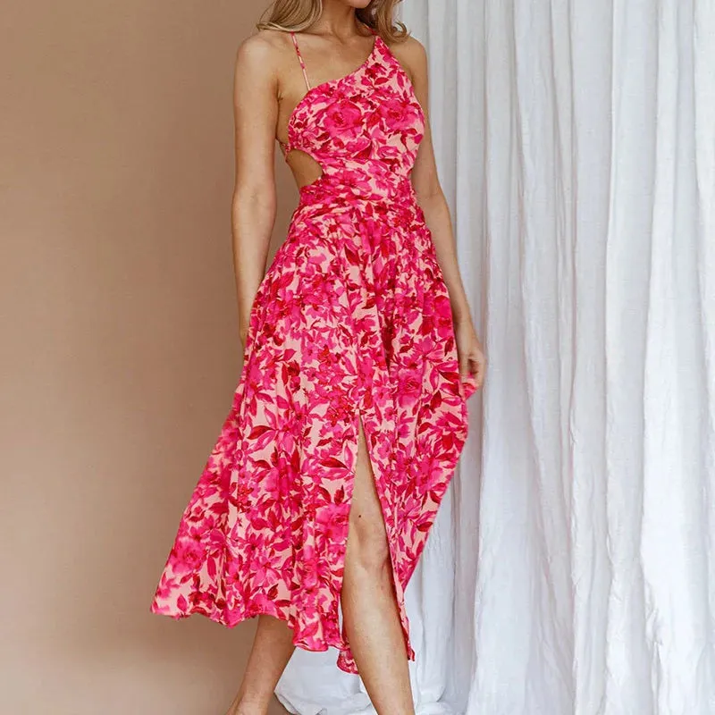 Bandage Backless Long Women Fashion Floral Print Asymmetrical Summer Lady V-neck Pleated Beach Floral Sexy Dress