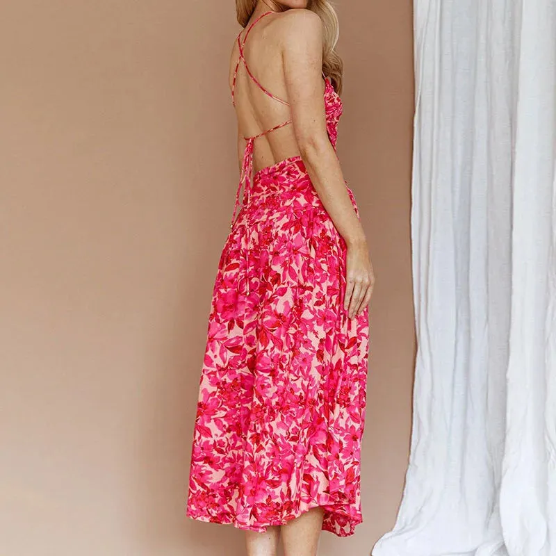 Bandage Backless Long Women Fashion Floral Print Asymmetrical Summer Lady V-neck Pleated Beach Floral Sexy Dress