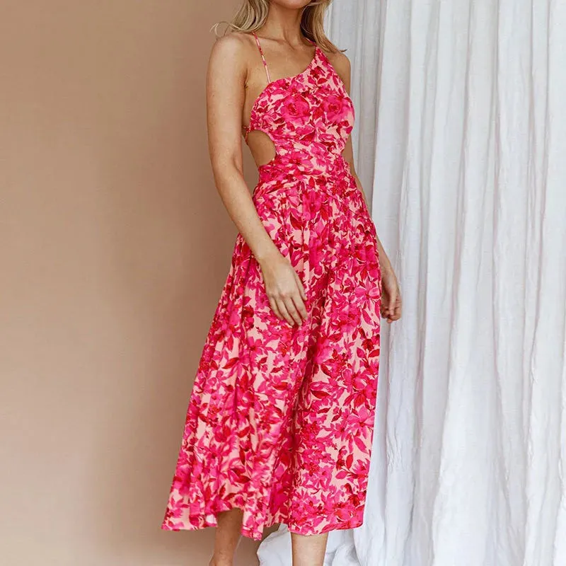 Bandage Backless Long Women Fashion Floral Print Asymmetrical Summer Lady V-neck Pleated Beach Floral Sexy Dress