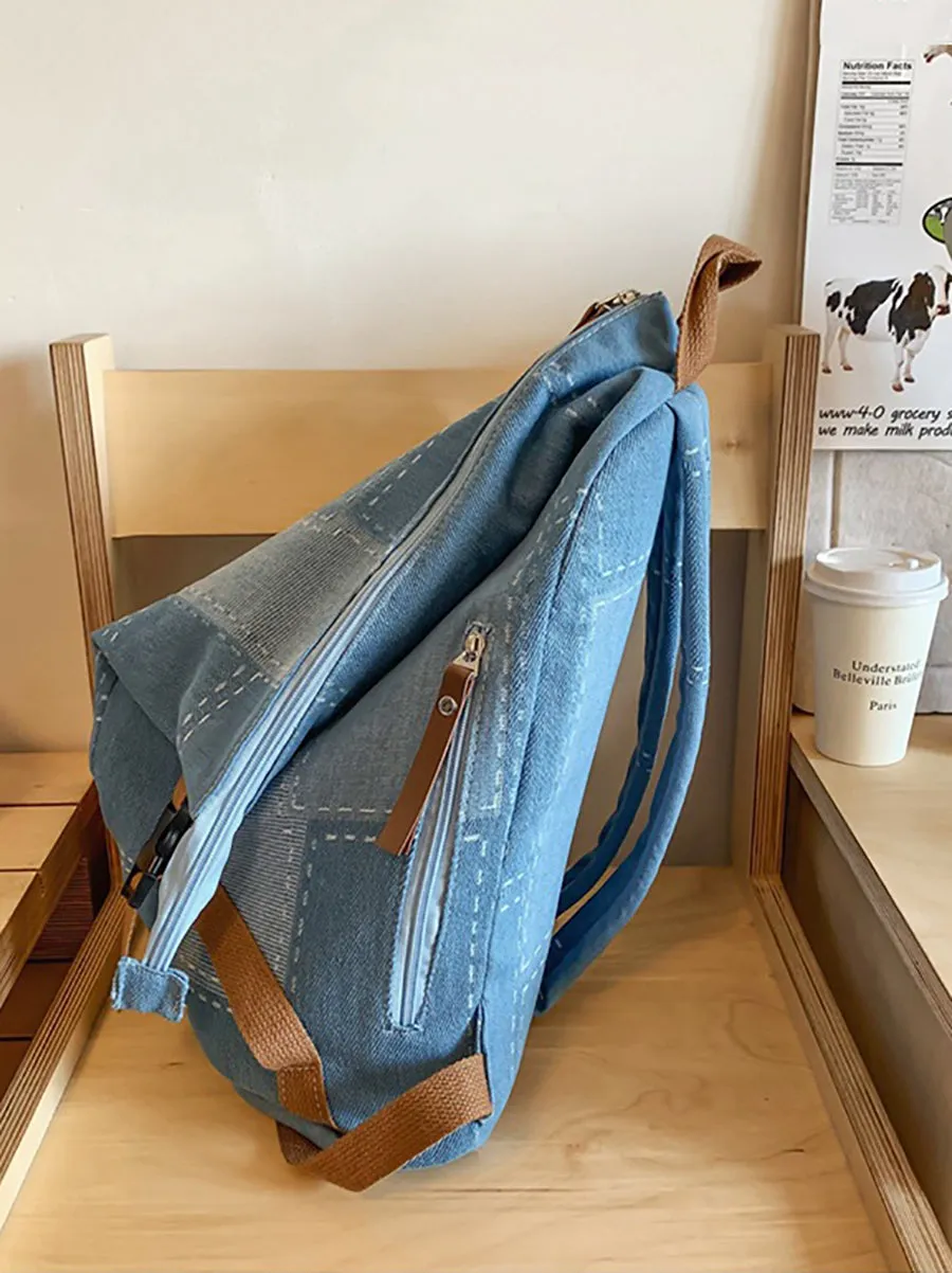 Casual Patch Spliced Denim Backpack