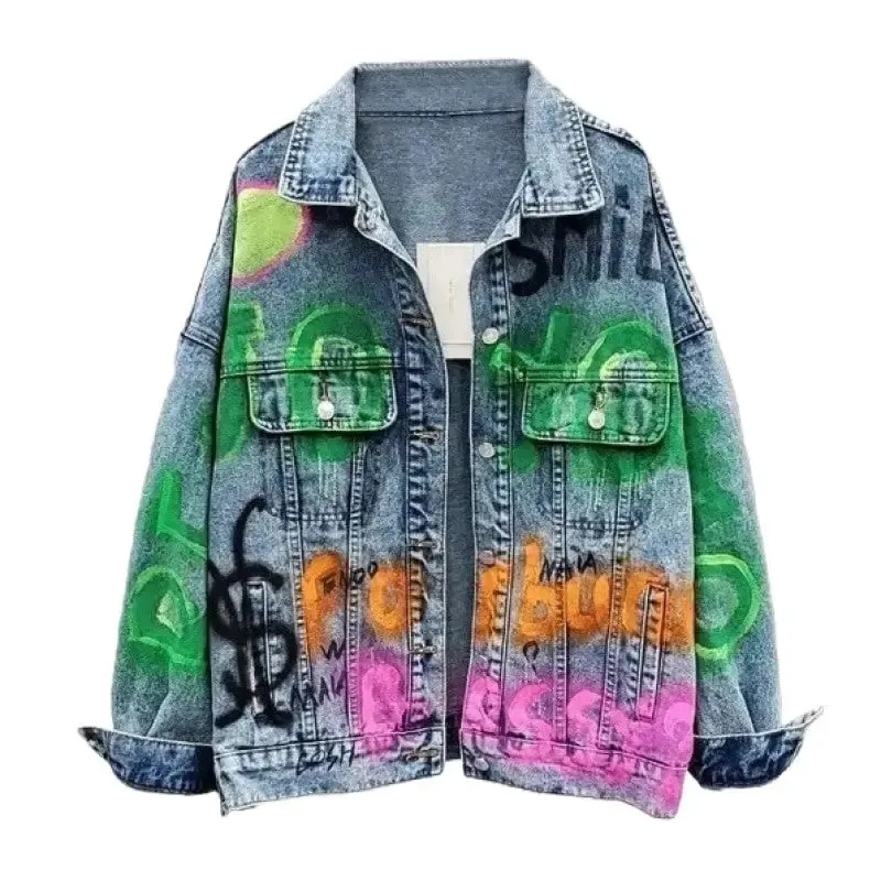 Colorful Graffiti Letters Loose Denim Jacket