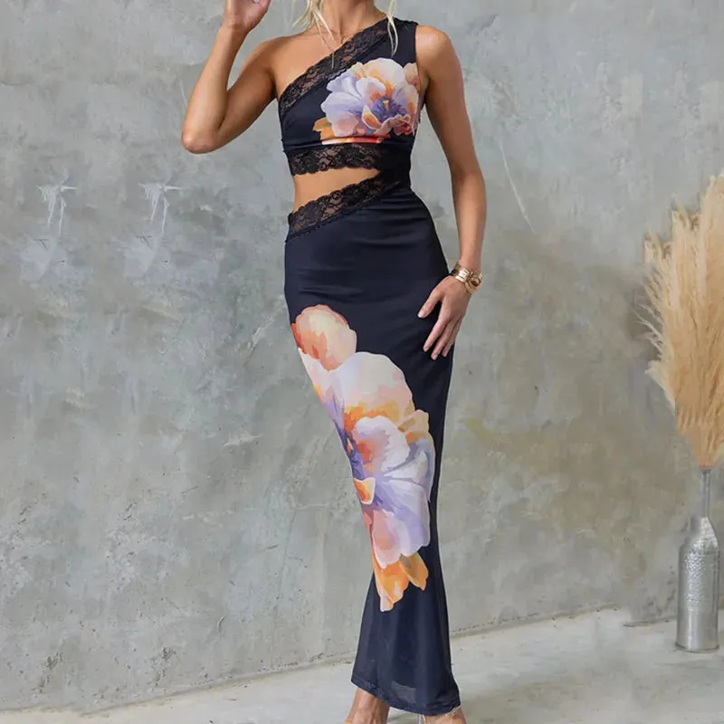 Fashion Sleeveless Long Lace Patchwork Printed Slim A-line Sexy Asymmetric Hollow Out Off Shoulder Party Floral Women Dress