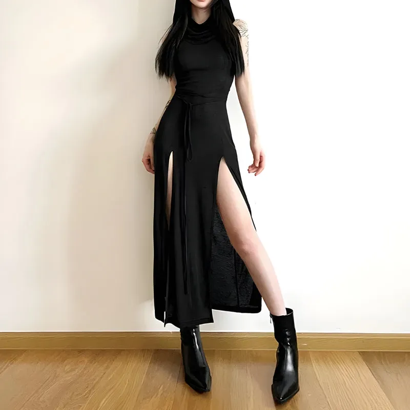 Goth Hooded Cut Out Back Midi Dress