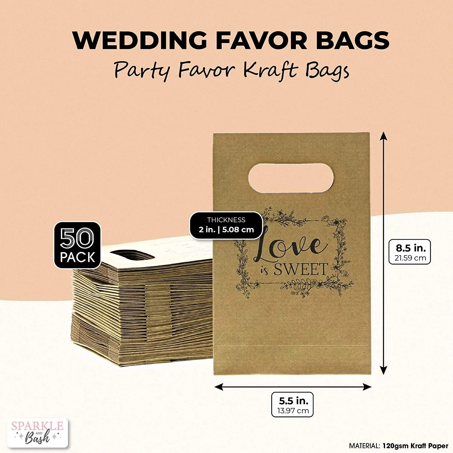 Kraft Wedding Favor Bags with Handles, Love is Sweet (5.5 x 8.5 in, 50 Pack)