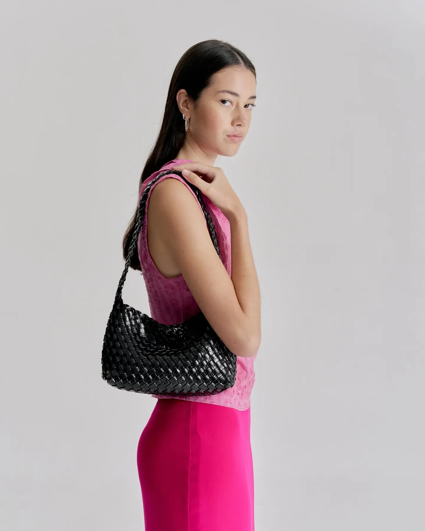 Luca Woven Shoulder Bag - Black Glossy Crinkle