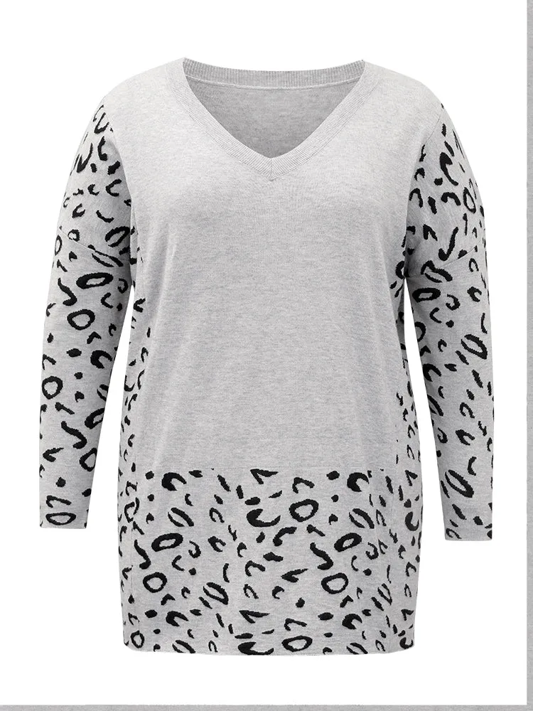 Patchwork Leopard Print V Neck Pullover