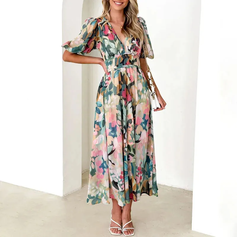 Puff Sleeves Pleated Holiday New Casual Floral Print High Waist Party Female V-neck Summer Boho Long Floral Fashion Dress