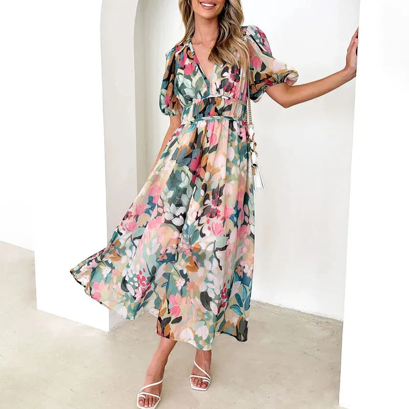 Puff Sleeves Pleated Holiday New Casual Floral Print High Waist Party Female V-neck Summer Boho Long Floral Fashion Dress