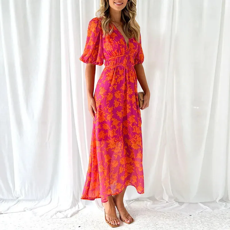 Puff Sleeves Pleated Holiday New Casual Floral Print High Waist Party Female V-neck Summer Boho Long Floral Fashion Dress