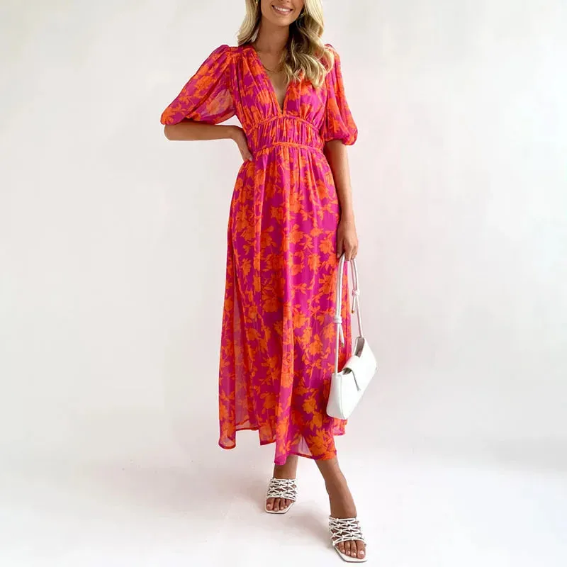 Puff Sleeves Pleated Holiday New Casual Floral Print High Waist Party Female V-neck Summer Boho Long Floral Fashion Dress