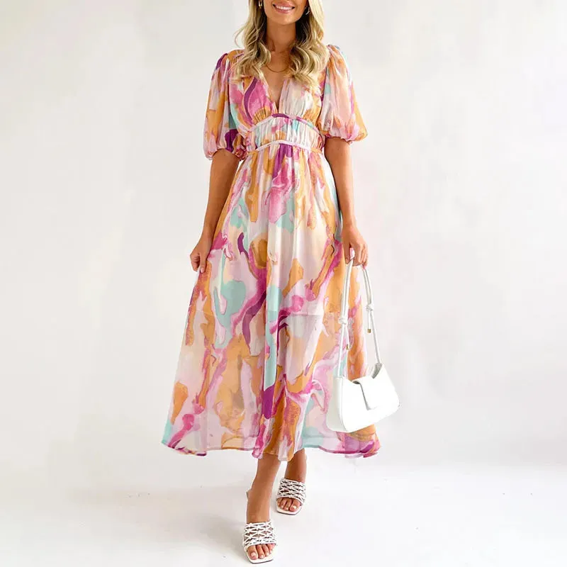 Puff Sleeves Pleated Holiday New Casual Floral Print High Waist Party Female V-neck Summer Boho Long Floral Fashion Dress