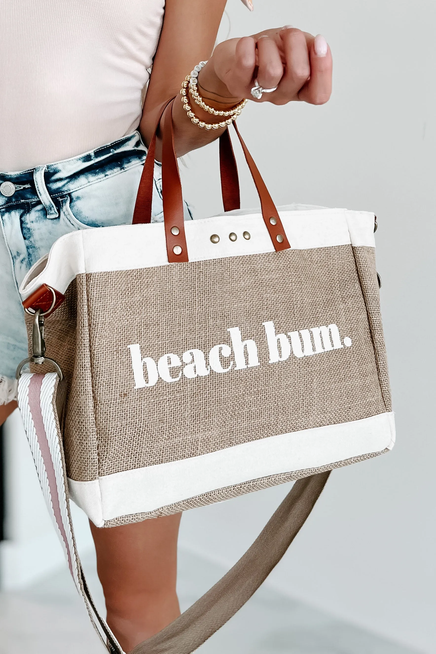 "Beach Bum." Jute Crossbody Tote (Tan)