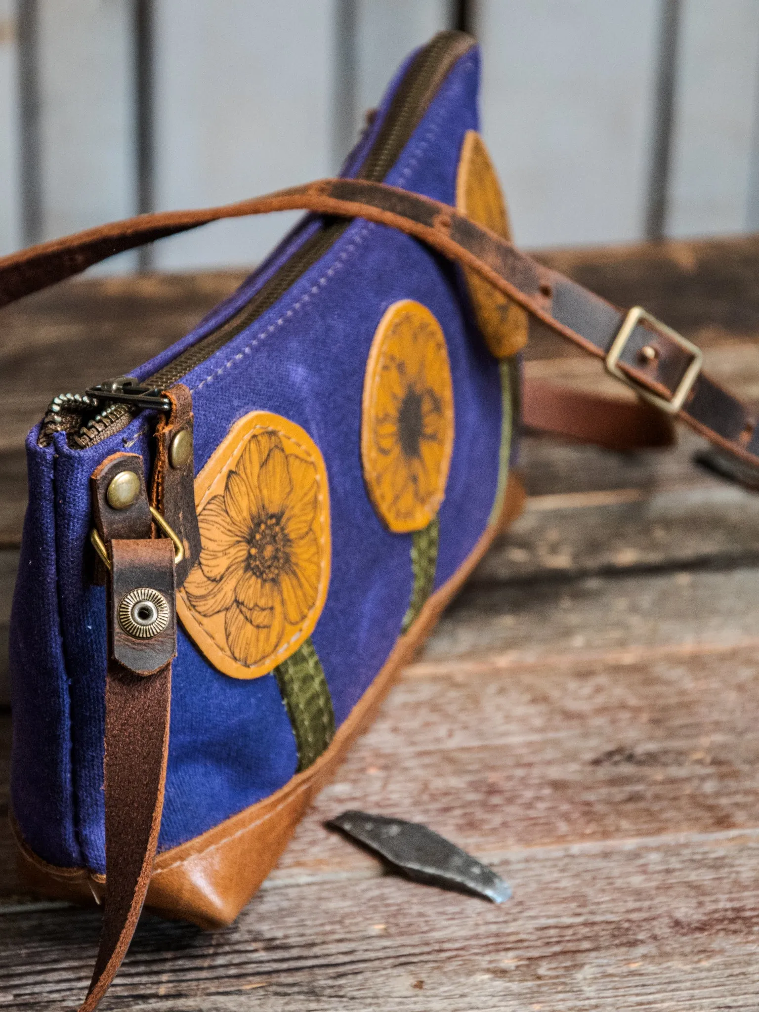 Ready to Ship | OOAK | Small Handmade waxed canvas and leather Crossbody Zipper Bag | floral Mini zip | T10