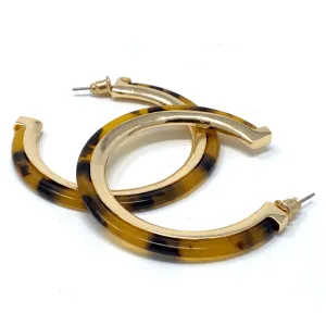 Resin Tortoise Shell Hoop Earrings With Gold Trim