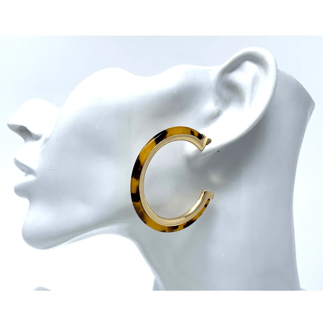 Resin Tortoise Shell Hoop Earrings With Gold Trim