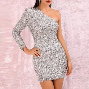 Shiny Sequin Slim Mini Summer Asymmetric One Shoulder Elegant A-line Party Fashion Dress