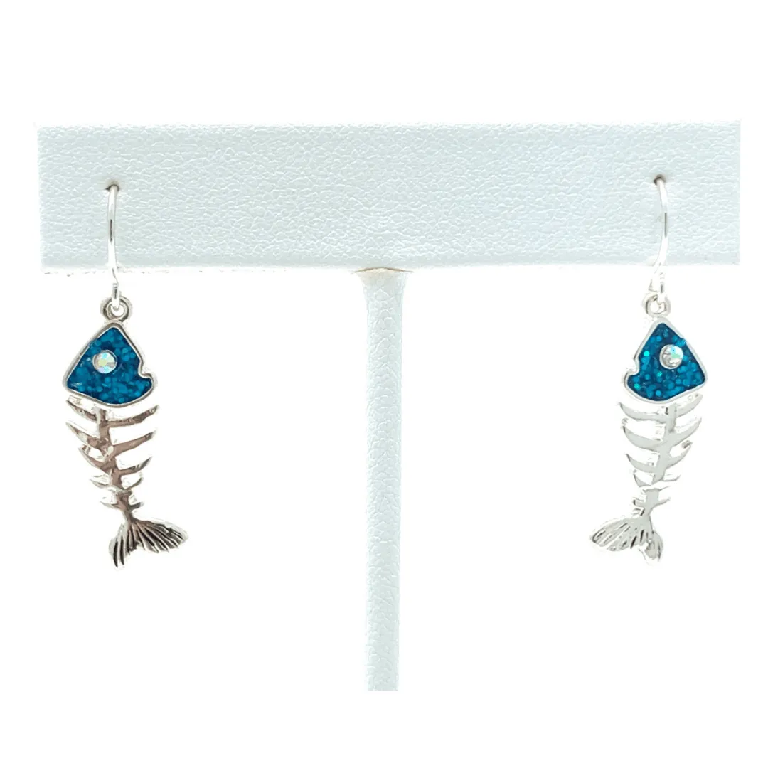 Silver & Blue Fish Bone Dangle Earrings with Rhinestone Accents