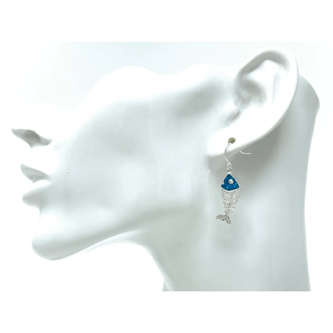 Silver & Blue Fish Bone Dangle Earrings with Rhinestone Accents