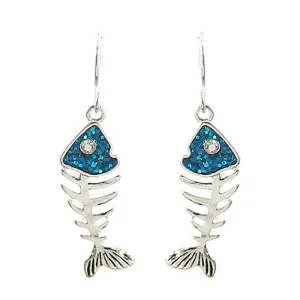 Silver & Blue Fish Bone Dangle Earrings with Rhinestone Accents