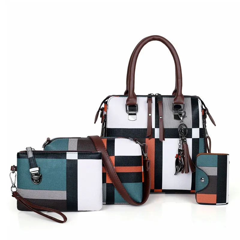 SMOOZA  Luxury Designer Plaid Women's Handbag Set (4pc) with Adorable Decoration