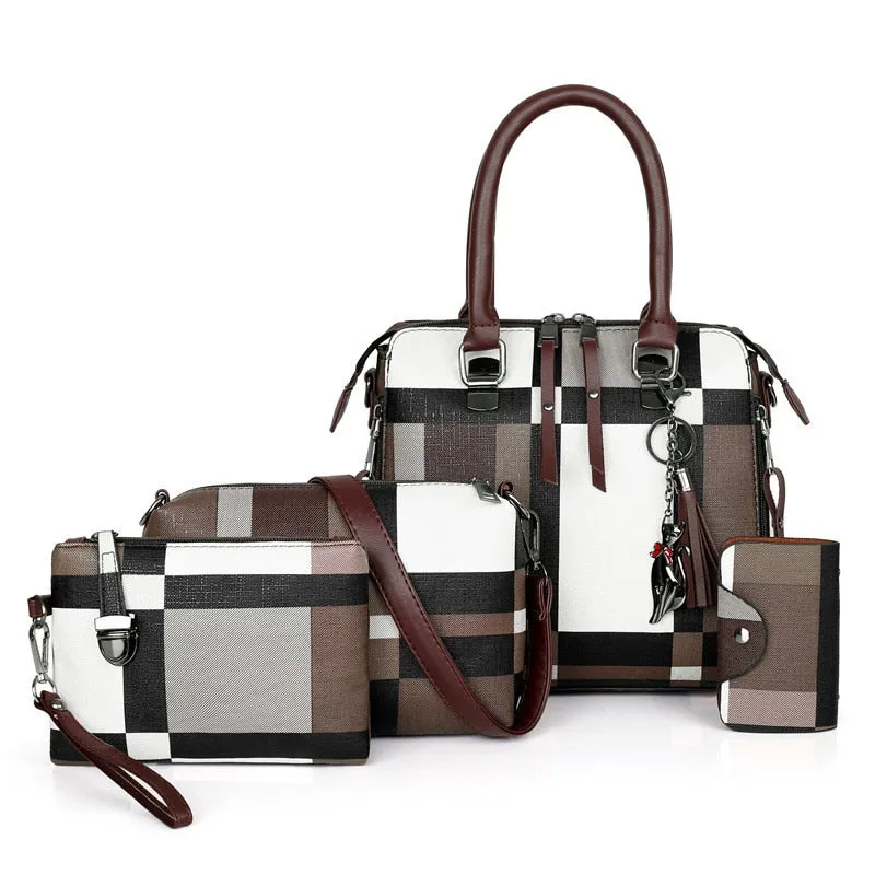 SMOOZA  Luxury Designer Plaid Women's Handbag Set (4pc) with Adorable Decoration