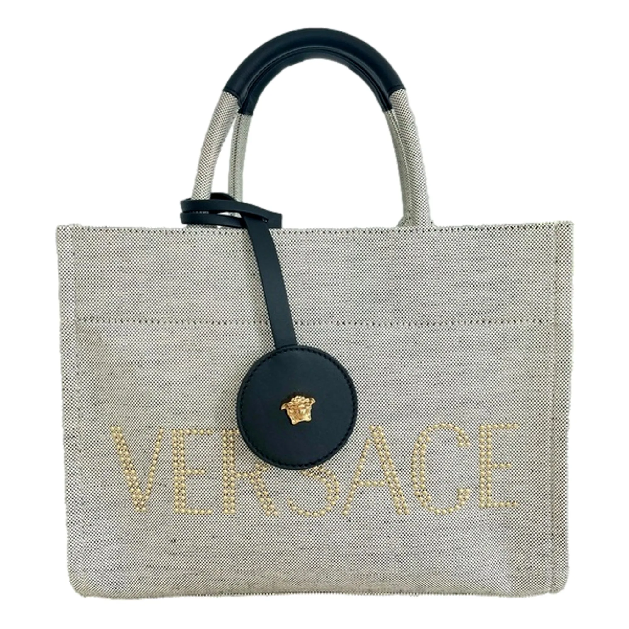 Versace Ecru Canvas Studded Logo Mini Totebag