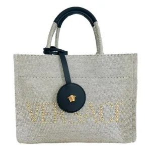 Versace Ecru Canvas Studded Logo Totebag